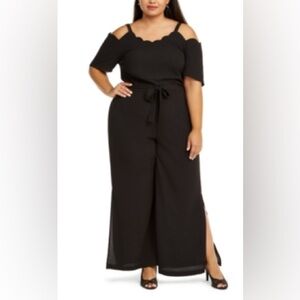 Monteau Size 3X Black Short Sleeve Cold Shoulder Wide Leg Jumpsuit 18” Leg Slit
